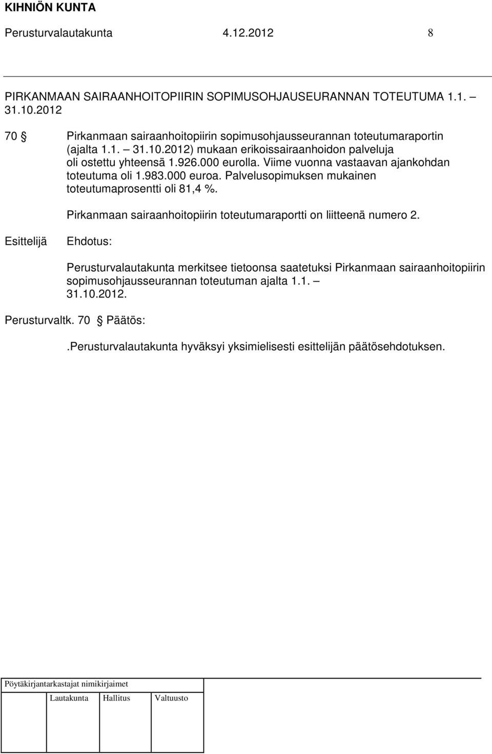 Viime vuonna vastaavan ajankohdan toteutuma oli 1.983.000 euroa. Palvelusopimuksen mukainen toteutumaprosentti oli 81,4 %.