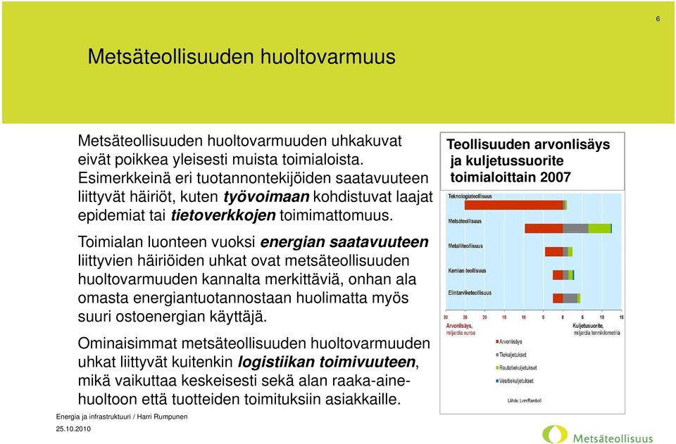 Toimialan luonteen vuoksi energian saatavuuteen liittyvien häiriöiden uhkat ovat metsäteollisuuden huoltovarmuuden kannalta merkittäviä, onhan ala omasta energiantuotannostaan huolimatta