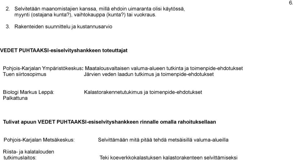 toimenpide-ehdotukset Tuen siirtosopimus Järvien veden laadun tutkimus ja toimenpide-ehdotukset Biologi Markus Leppä: Kalastorakennetutukimus ja toimenpide-ehdotukset Palkattuna Tulivat