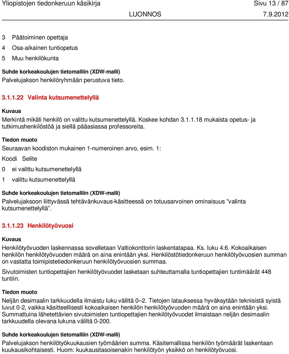 1: Koodi Selite 0 ei valittu kutsumenettelyllä 1 valittu kutsumenettelyllä Palvelujaksoon liittyvässä tehtävänkuvaus-käsitteessä on totuusarvoinen ominaisuus valinta kutsumenettelyllä. 3.1.1.23 Henkilötyövuosi Henkilötyövuoden laskennassa sovelletaan Valtiokonttorin laskentatapaa.