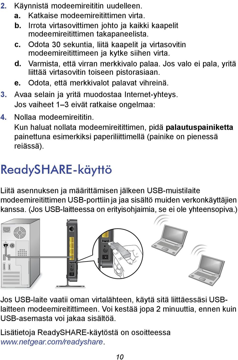 Jos valo ei pala, yritä liittää virtasovitin toiseen pistorasiaan. e. Odota, että merkkivalot palavat vihreinä. 3. Avaa selain ja yritä muodostaa Internet-yhteys.