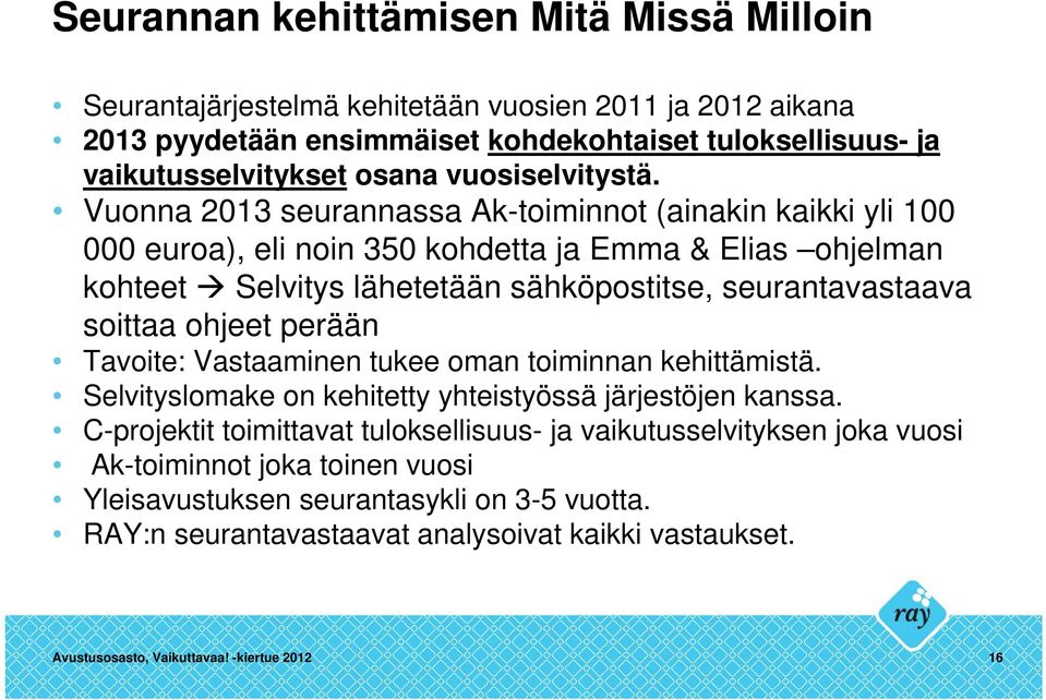 Vuonna 2013 seurannassa Ak-toiminnot (ainakin kaikki yli 100 000 euroa), eli noin 350 kohdetta ja Emma & Elias ohjelman kohteet Selvitys lähetetään sähköpostitse, seurantavastaava soittaa
