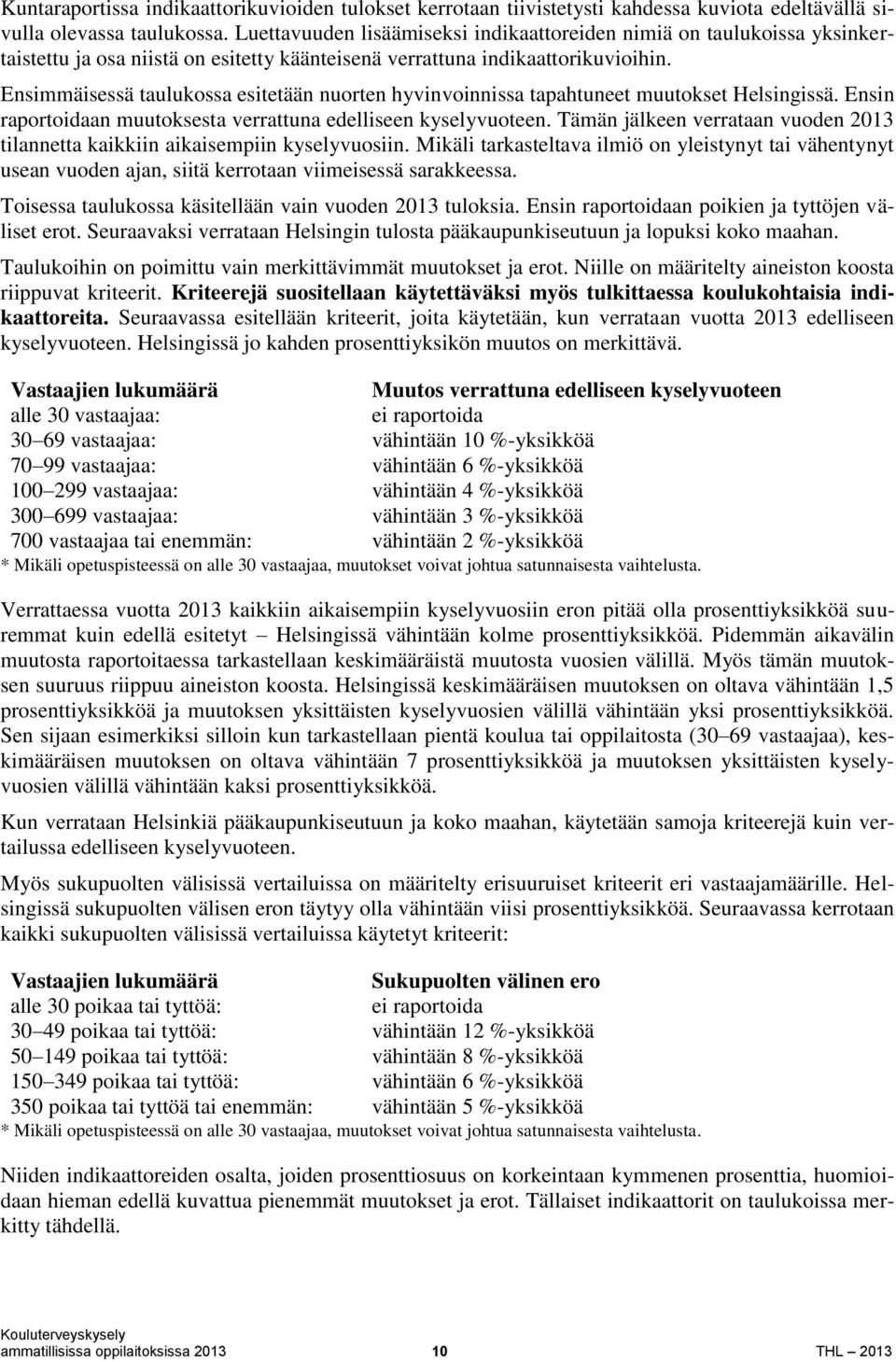 Ensimmäisessä taulukossa esitetään nuorten hyvinvoinnissa tapahtuneet muutokset Helsingissä. Ensin raportoidaan muutoksesta verrattuna edelliseen kyselyvuoteen.