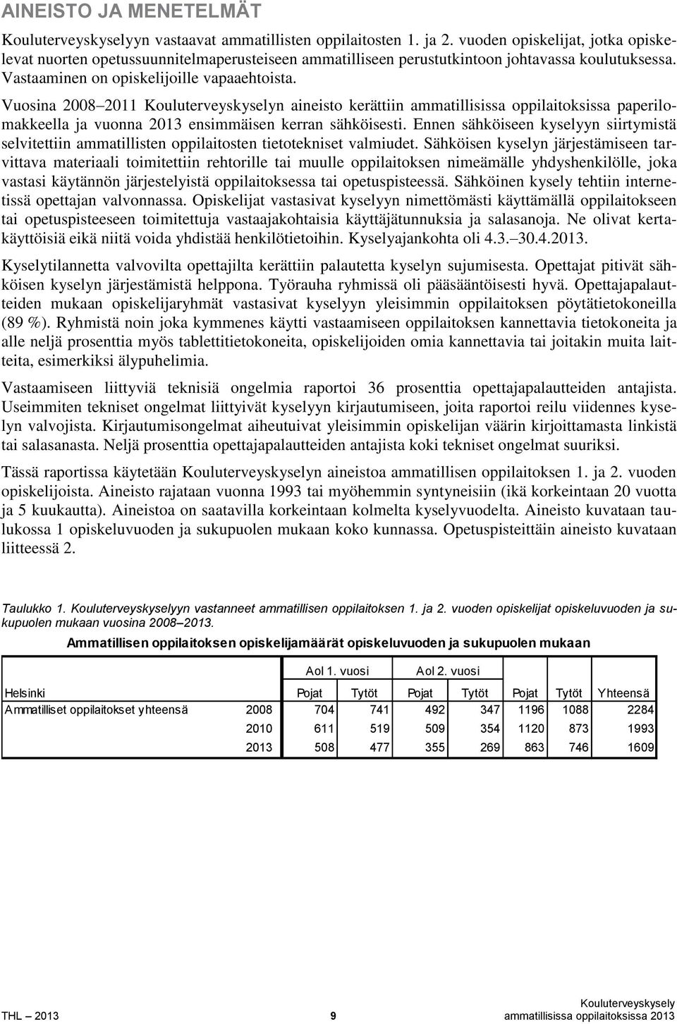 Vuosina 2008 2011 n aineisto kerättiin ammatillisissa oppilaitoksissa paperilomakkeella ja vuonna 2013 ensimmäisen kerran sähköisesti.