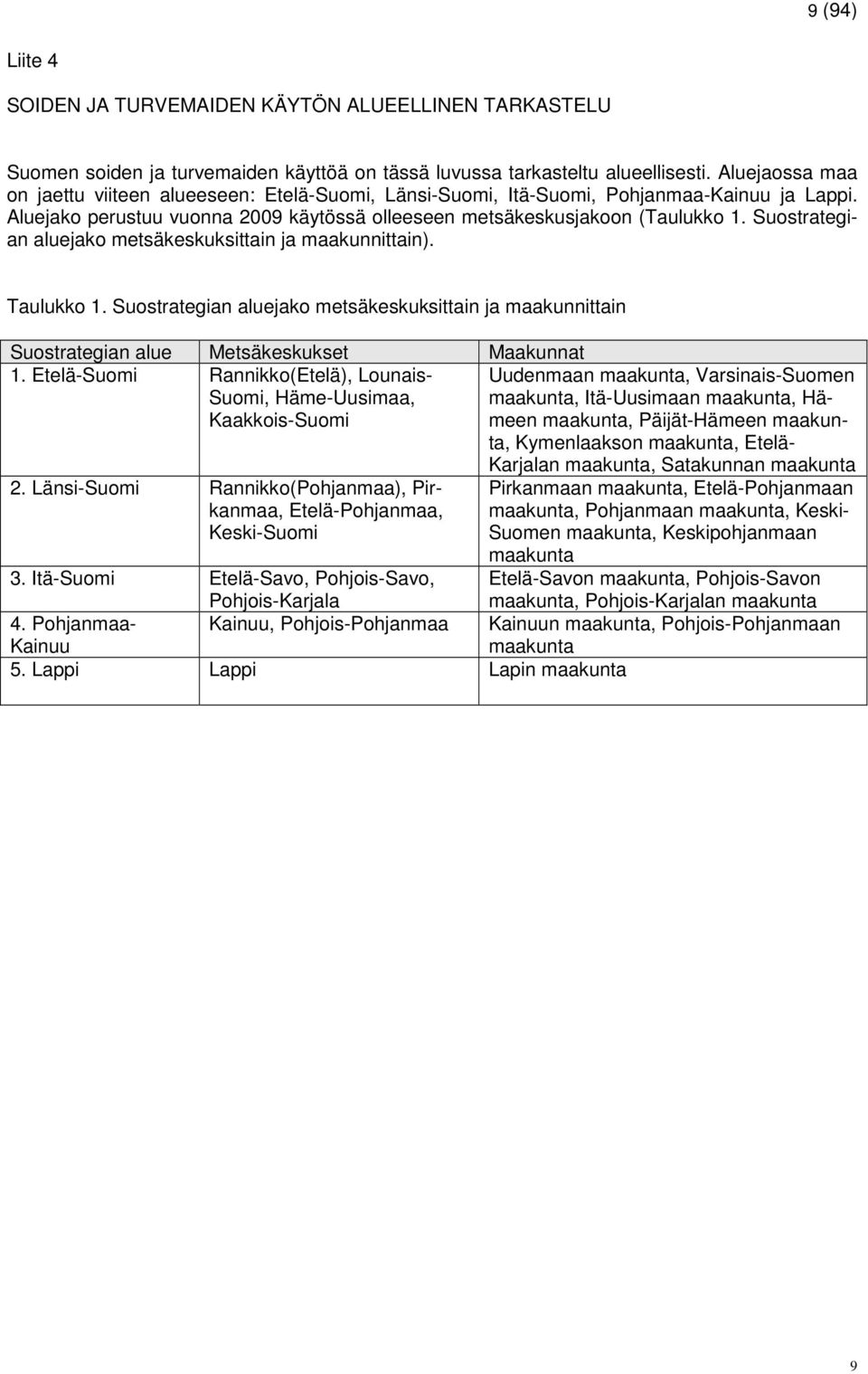 Suostrategian aluejako metsäkeskuksittain ja maakunnittain). Taulukko 1. Suostrategian aluejako metsäkeskuksittain ja maakunnittain Suostrategian alue Metsäkeskukset Maakunnat 1.