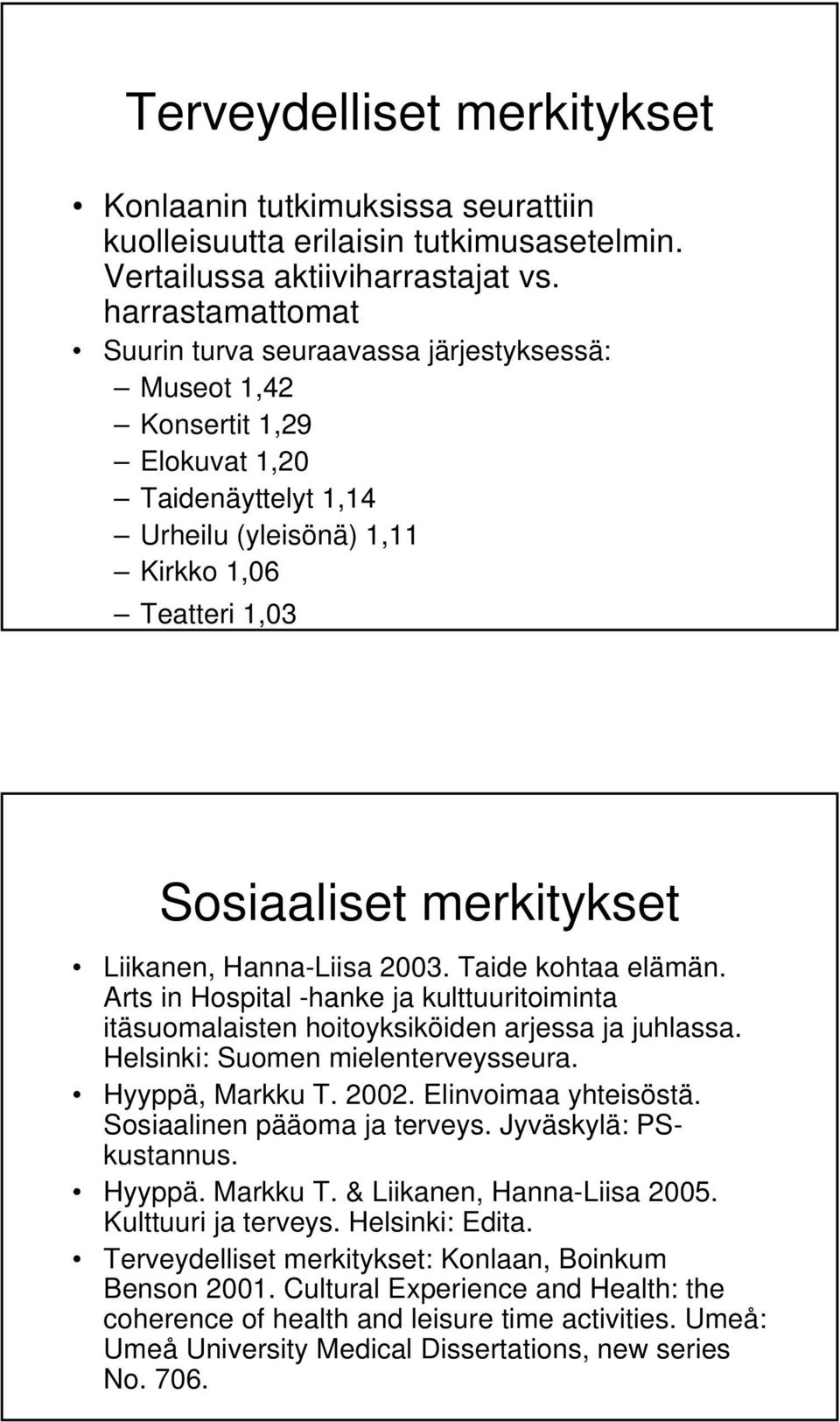 Liikanen, Hanna-Liisa 2003. Taide kohtaa elämän. Arts in Hospital -hanke ja kulttuuritoiminta itäsuomalaisten hoitoyksiköiden arjessa ja juhlassa. Helsinki: Suomen mielenterveysseura.