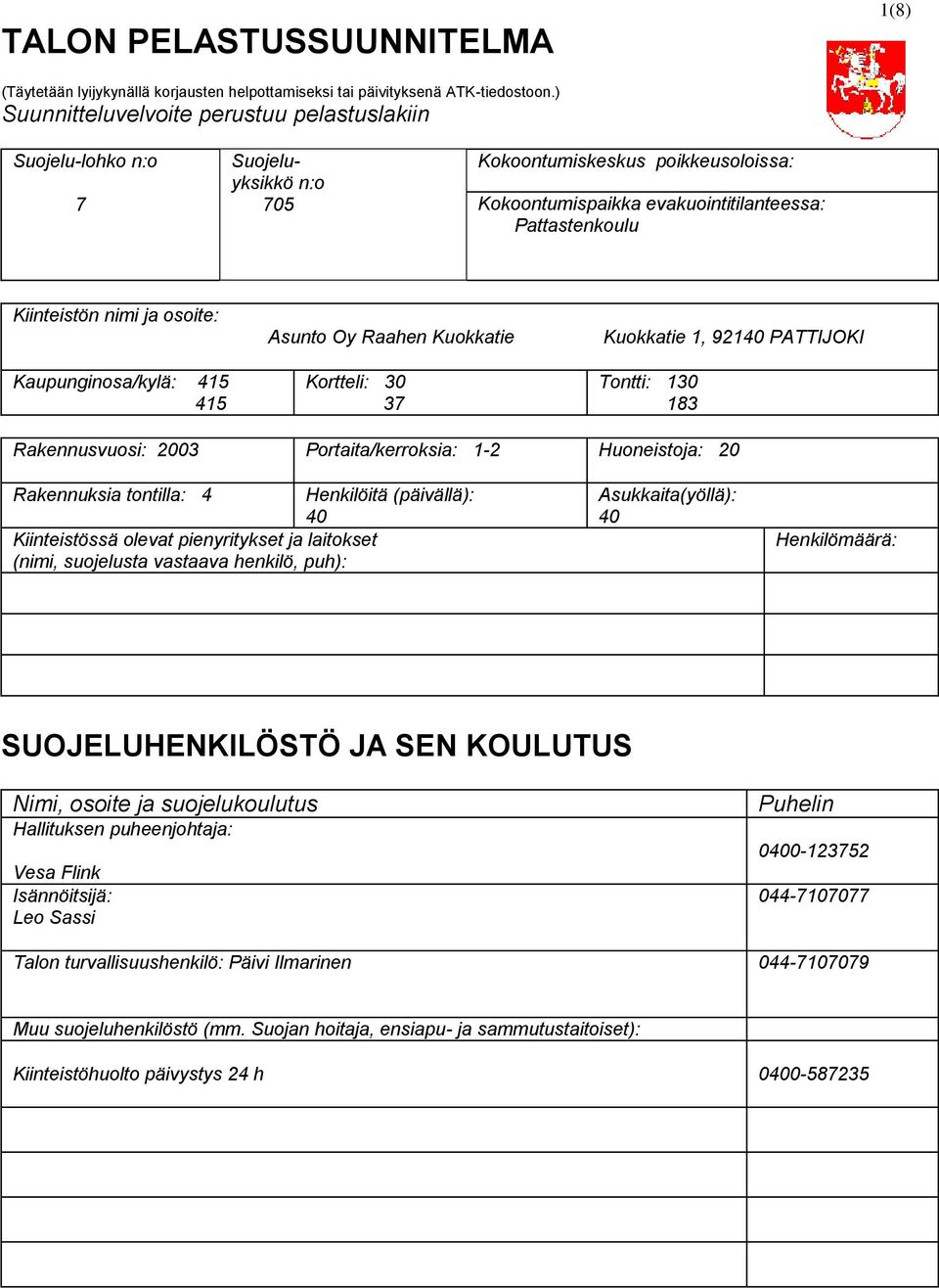 osoite: Kaupunginosa/kylä: 415 415 Asunto Oy Raahen Kuokkatie Kortteli: 30 37 Kuokkatie 1, 92140 PATTIJOKI Tontti: 130 183 Rakennusvuosi: 2003 Portaita/kerroksia: 1-2 Huoneistoja: 20 Rakennuksia