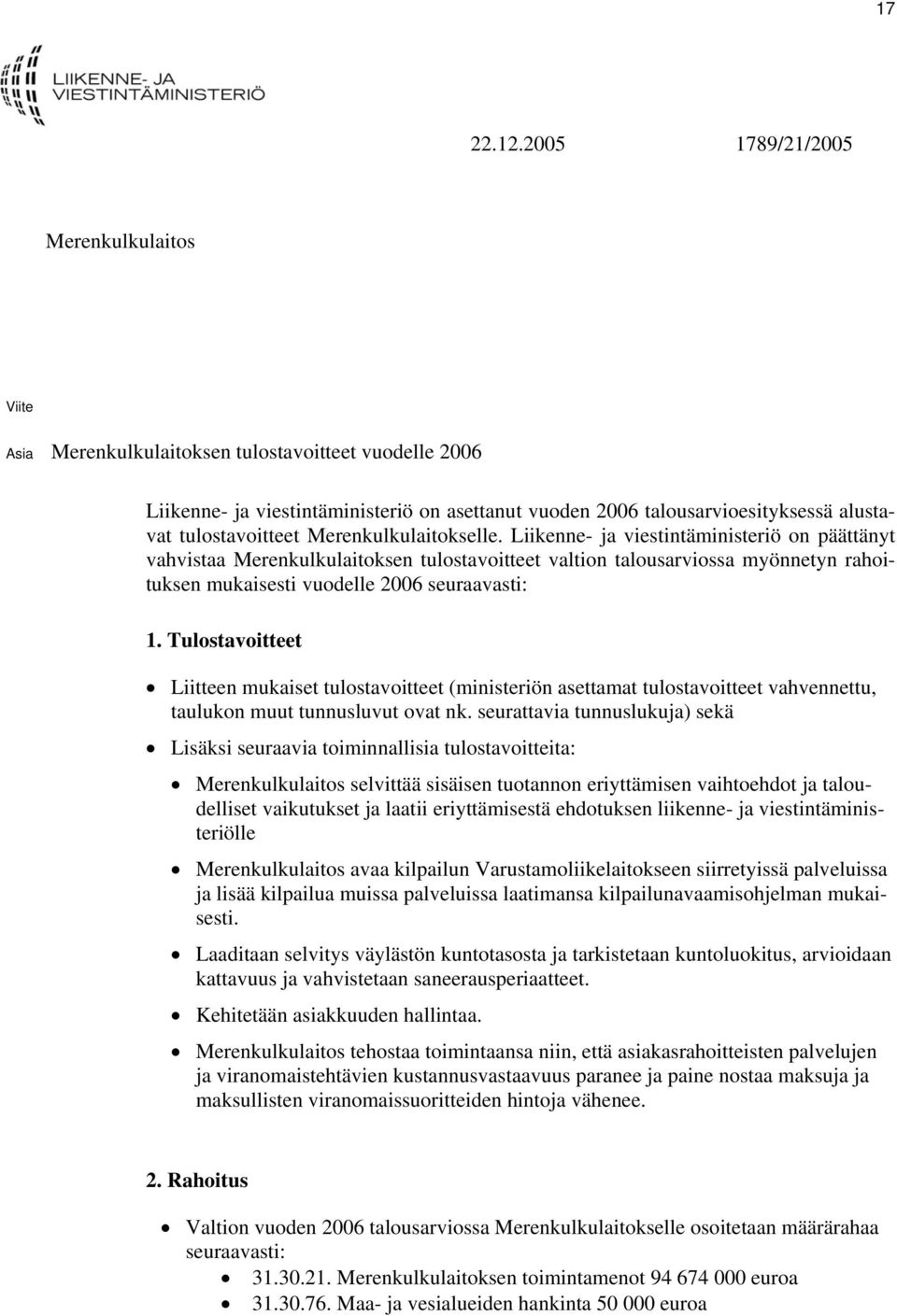 tulostavoitteet Merenkulkulaitokselle.