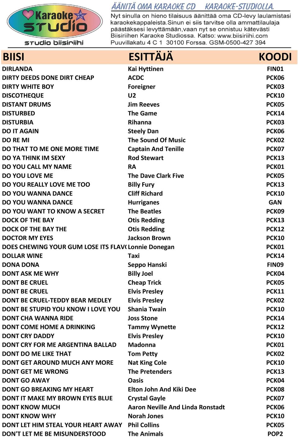 The Dave Clark Five PCK05 DO YOU REALLY LOVE ME TOO Billy Fury PCK13 DO YOU WANNA DANCE Cliff Richard PCK10 DO YOU WANNA DANCE Hurriganes GAN DO YOU WANT TO KNOW A SECRET The Beatles PCK09 DOCK OF