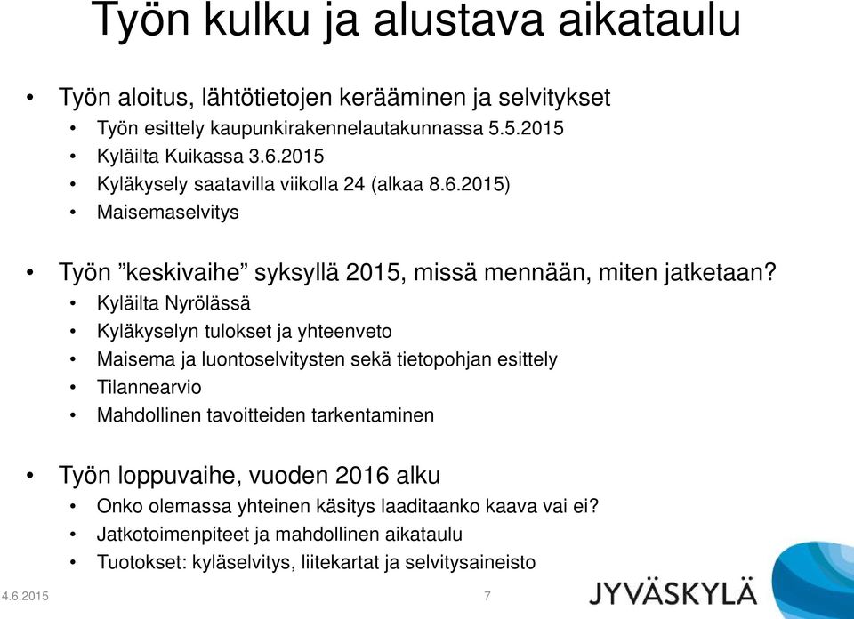 Kyläilta Nyrölässä Kyläkyselyn tulokset ja yhteenveto Maisema ja luontoselvitysten sekä tietopohjan esittely Tilannearvio Mahdollinen tavoitteiden tarkentaminen