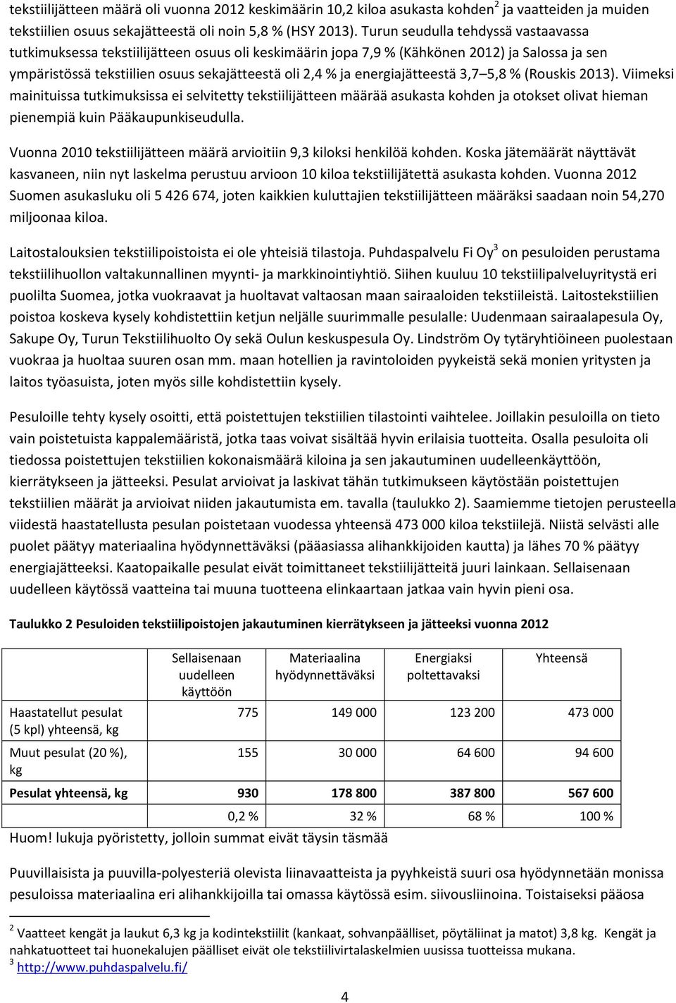 energiajätteestä 3,7 5,8 % (Rouskis 2013). Viimeksi mainituissa tutkimuksissa ei selvitetty tekstiilijätteen määrää asukasta kohden ja otokset olivat hieman pienempiä kuin Pääkaupunkiseudulla.