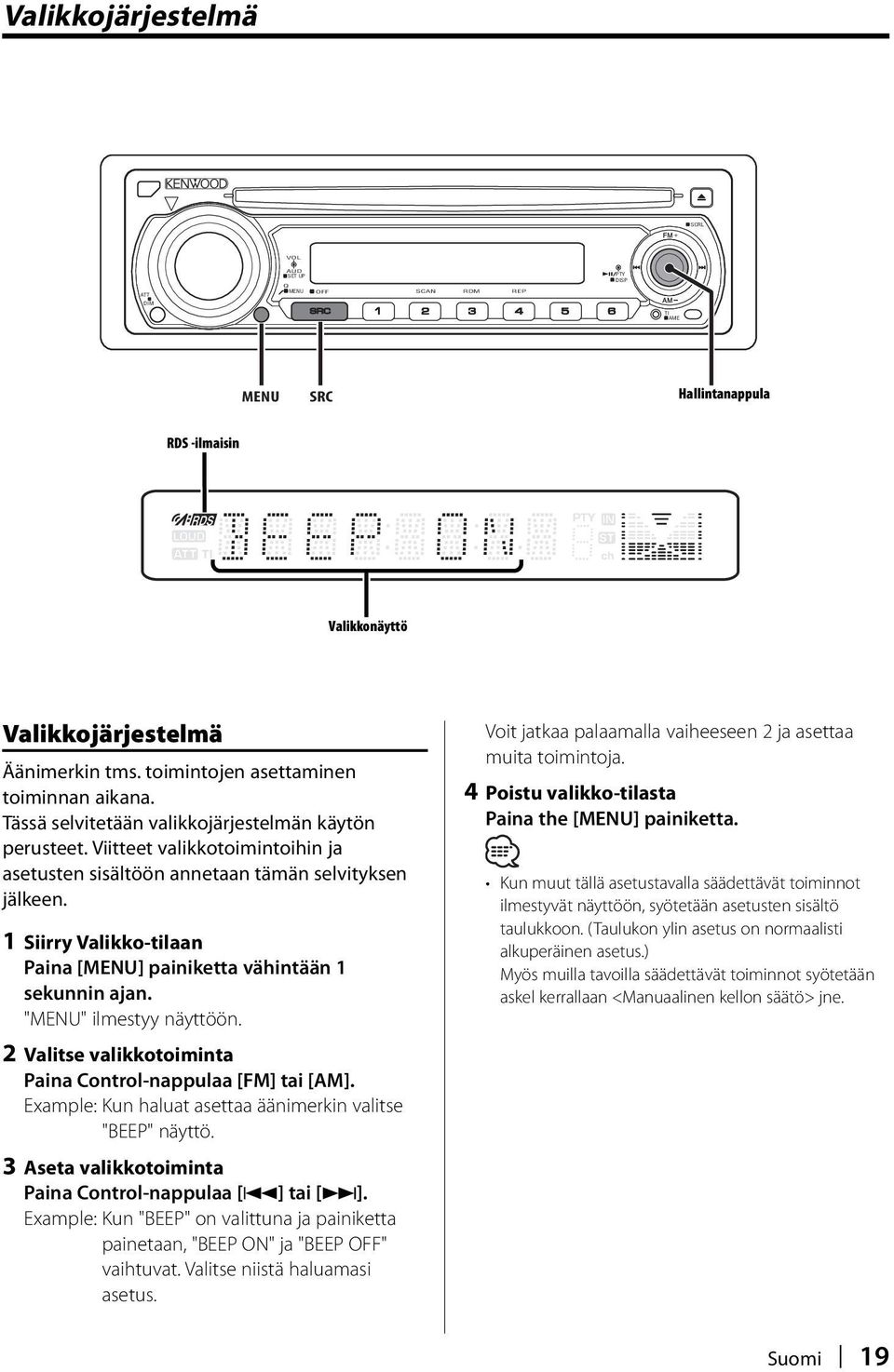 1 Siirry Valikko-tilaan Paina [MENU] painiketta vähintään 1 sekunnin ajan. "MENU" ilmestyy näyttöön. 2 Valitse valikkotoiminta Paina Control-nappulaa [FM] tai [AM].