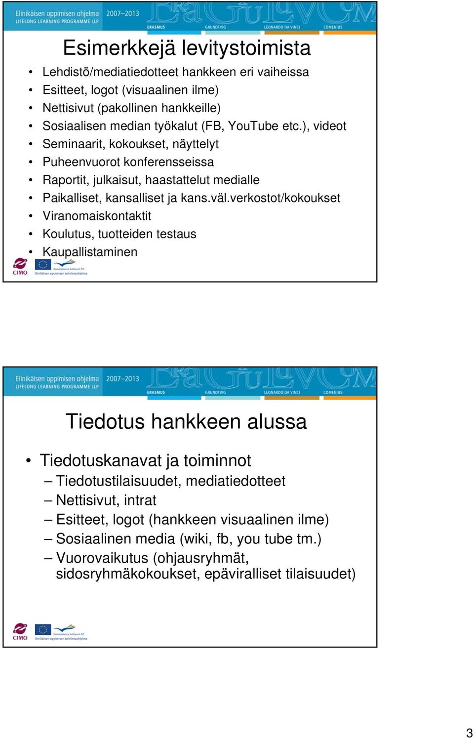 verkostot/kokoukset Viranomaiskontaktit Koulutus, tuotteiden testaus Kaupallistaminen Tiedotus hankkeen alussa Tiedotuskanavat ja toiminnot Tiedotustilaisuudet, mediatiedotteet