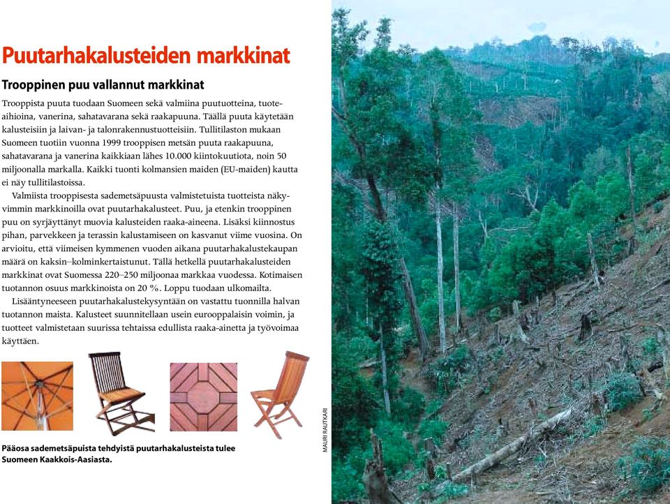 Tullitilaston mukaan Suomeen tuotiin vuonna 1999 trooppisen metsän puuta raakapuuna, sahatavarana ja vanerina kaikkiaan lähes 10.000 kiintokuutiota, noin 50 miljoonalla markalla.