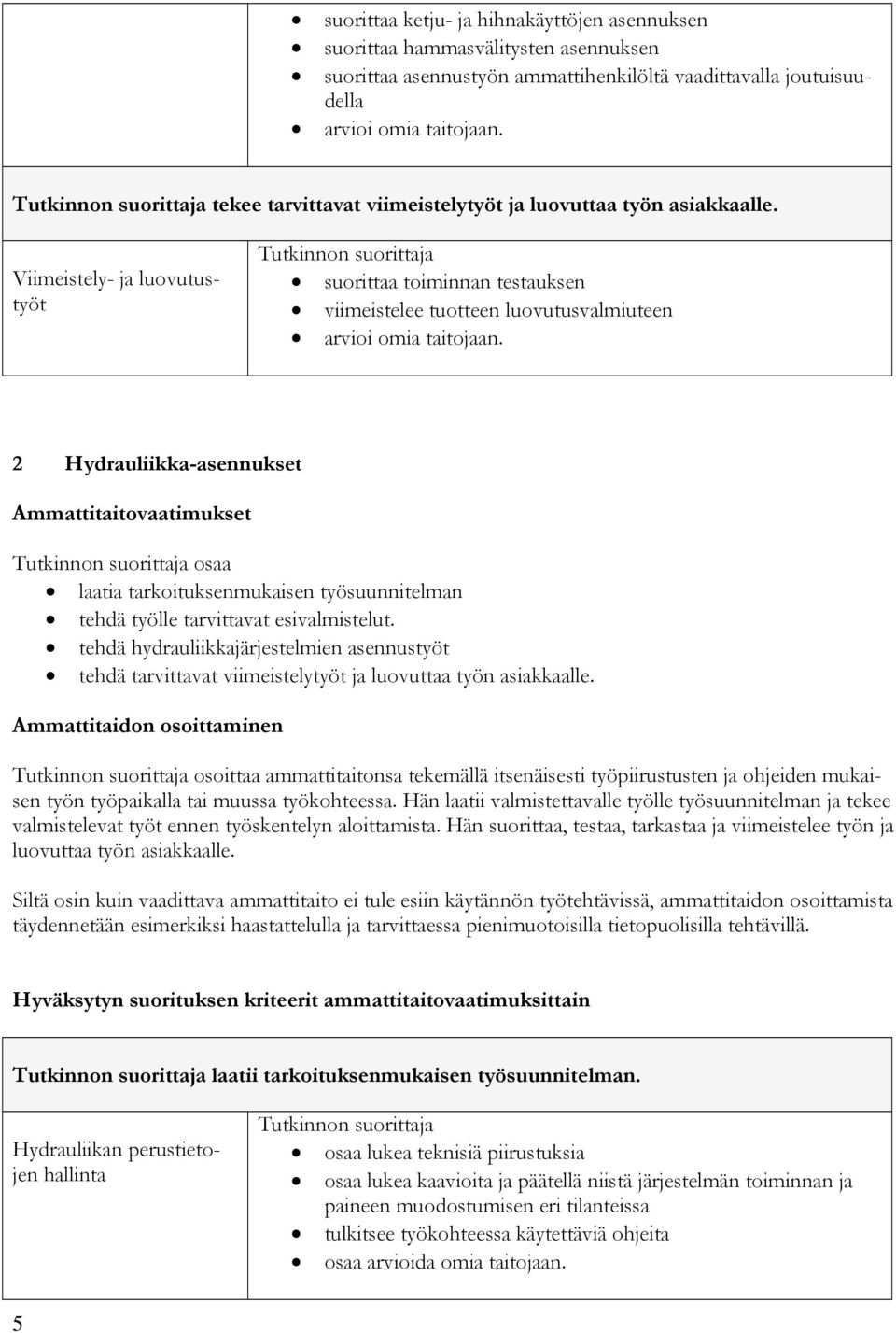 Viimeistely- ja luovutustyöt suorittaa toiminnan testauksen viimeistelee tuotteen luovutusvalmiuteen 2 Hydrauliikka-asennukset Ammattitaitovaatimukset osaa laatia tarkoituksenmukaisen työsuunnitelman