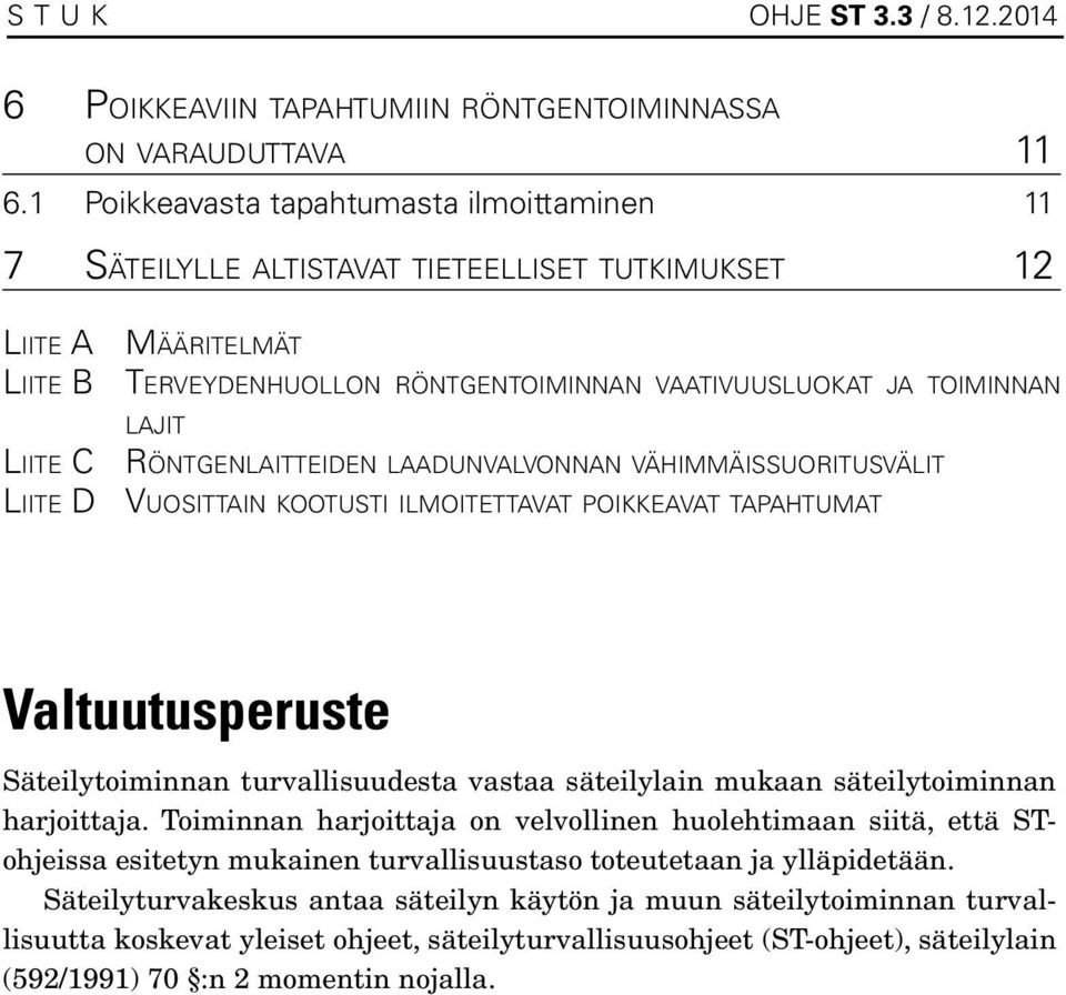 C Röntgenlaitteiden laadunvalvonnan vähimmäissuoritusvälit Liite D Vuosittain kootusti ilmoitettavat poikkeavat tapahtumat Valtuutusperuste Säteilytoiminnan turvallisuudesta vastaa säteilylain mukaan