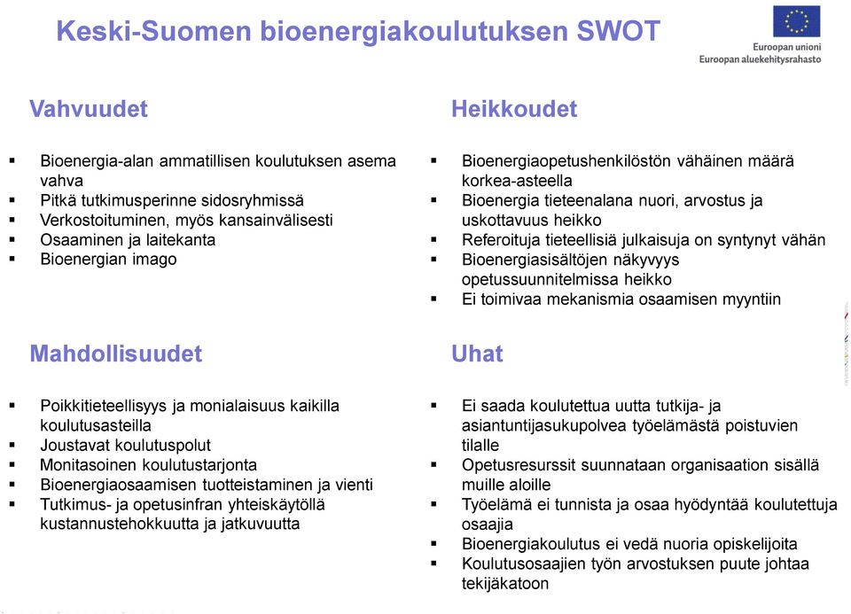 syntynyt vähän Bioenergiasisältöjen näkyvyys opetussuunnitelmissa heikko Ei toimivaa mekanismia osaamisen myyntiin Mahdollisuudet Poikkitieteellisyys ja monialaisuus kaikilla koulutusasteilla