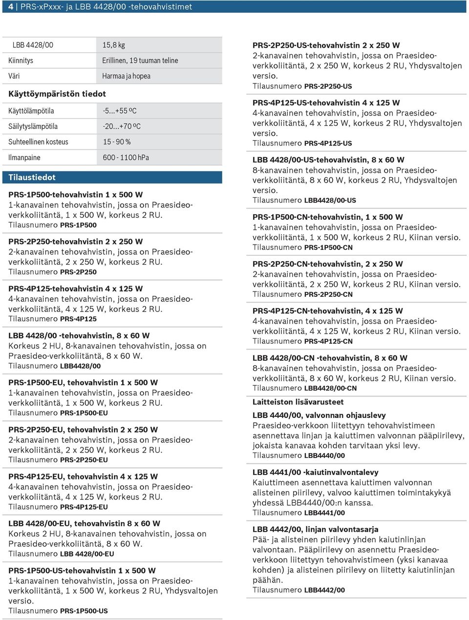 Tlasnmero -tehovahvstn 2 x 250 W 2-kanavanen tehovahvstn, jossa on Praesdeoverkkoltäntä, 2 x 250 W, korkes 2 RU. Tlasnmero -tehovahvstn 4 x 125 W 4 x 125 W, korkes 2 RU.