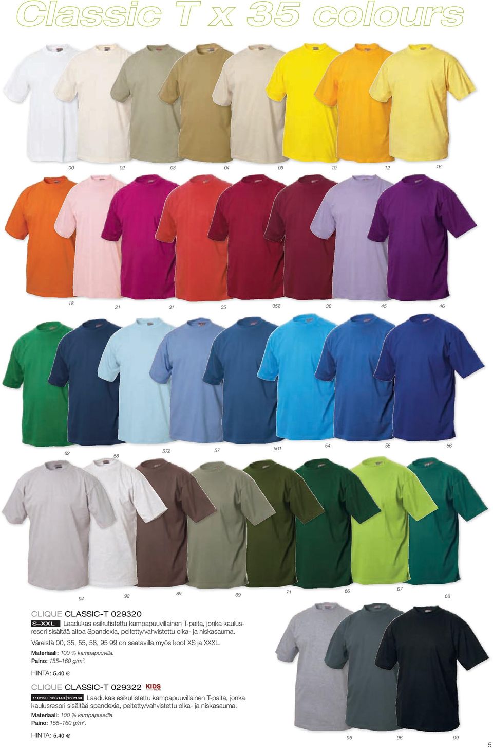Väreistä 00, 35, 55, 58, 5 on saatavilla myös koot XS ja XXXL. Materiaali: 100 % kampapuuvilla. Paino: 155 160 g/m 2. HINTA: 5.