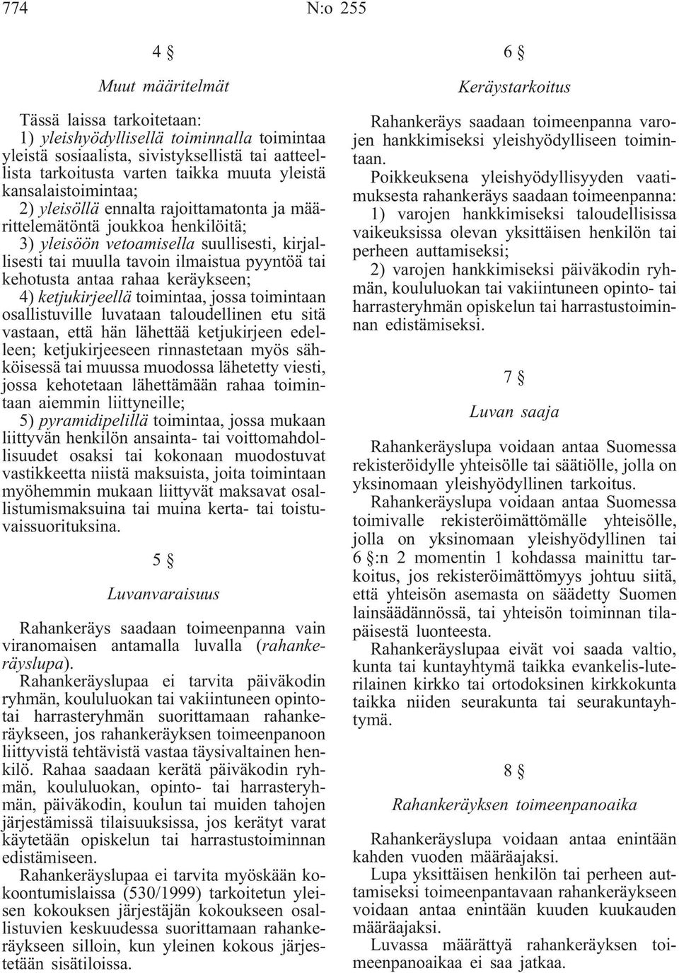 antaa rahaa keräykseen; 4) ketjukirjeellä toimintaa, jossa toimintaan osallistuville luvataan taloudellinen etu sitä vastaan, että hän lähettää ketjukirjeen edelleen; ketjukirjeeseen rinnastetaan