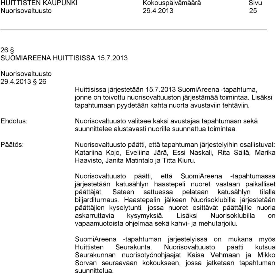 päätti, että tapahtuman järjestelyihin osallistuvat: Katariina Kojo, Eveliina Järä, Essi Naskali, Rita Säilä, Marika Haavisto, Janita Matintalo ja Titta Kiuru.