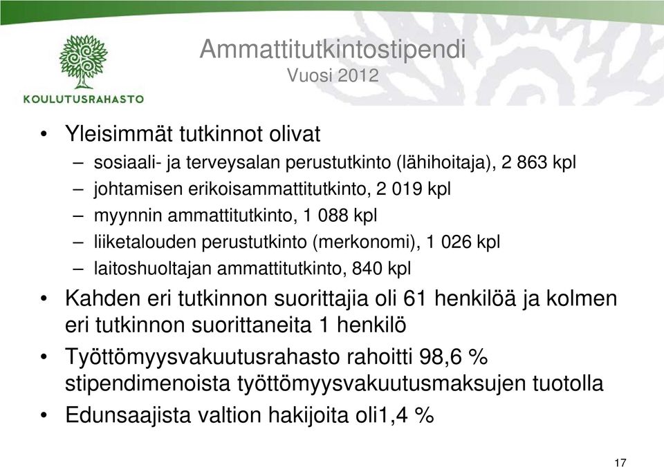 laitoshuoltajan ammattitutkinto, 840 kpl Kahden eri tutkinnon suorittajia oli 61 henkilöä ja kolmen eri tutkinnon suorittaneita 1