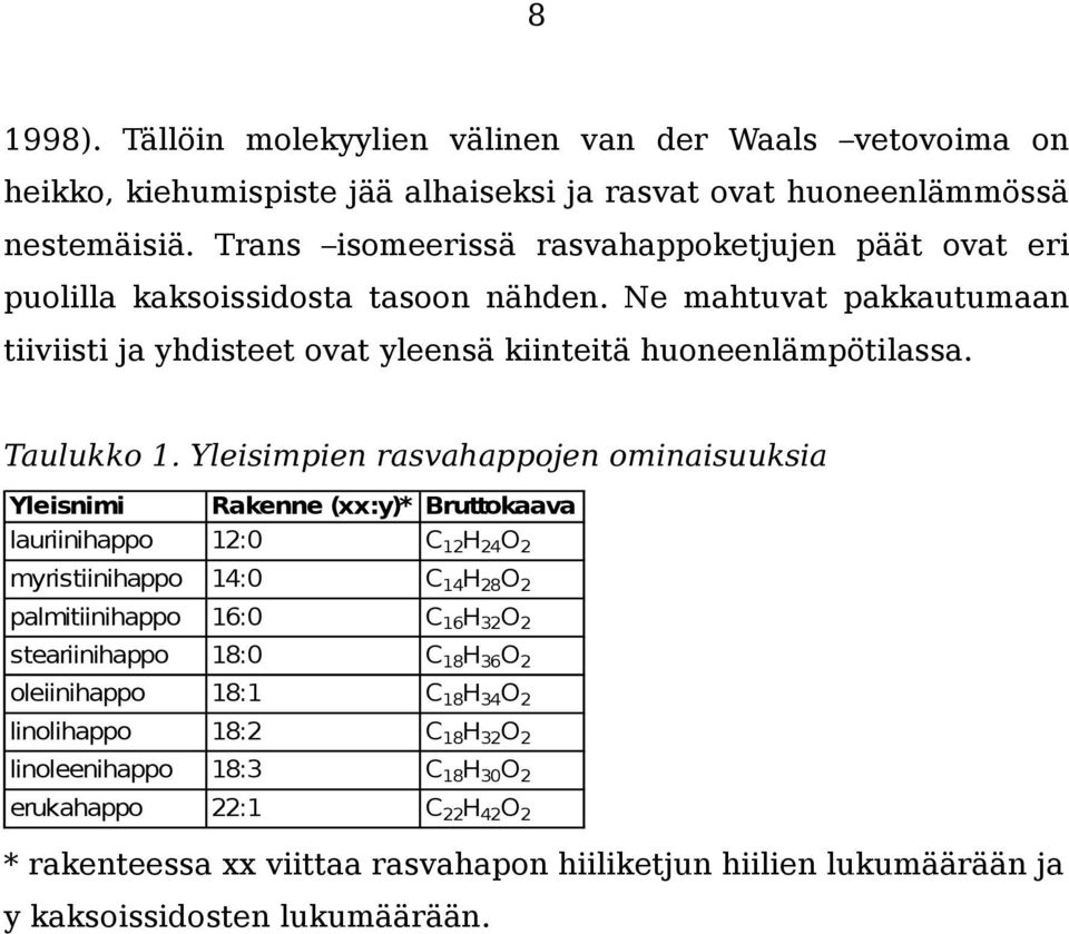 Yleisimpien rasvahappojen ominaisuuksia Yleisnimi Rakenne (xx:y)* Bruttokaava lauriinihappo 12:0 C 12 H 24 O 2 myristiinihappo 14:0 C 14 H 28 O 2 palmitiinihappo 16:0 C 16 H 32 O 2 steariinihappo