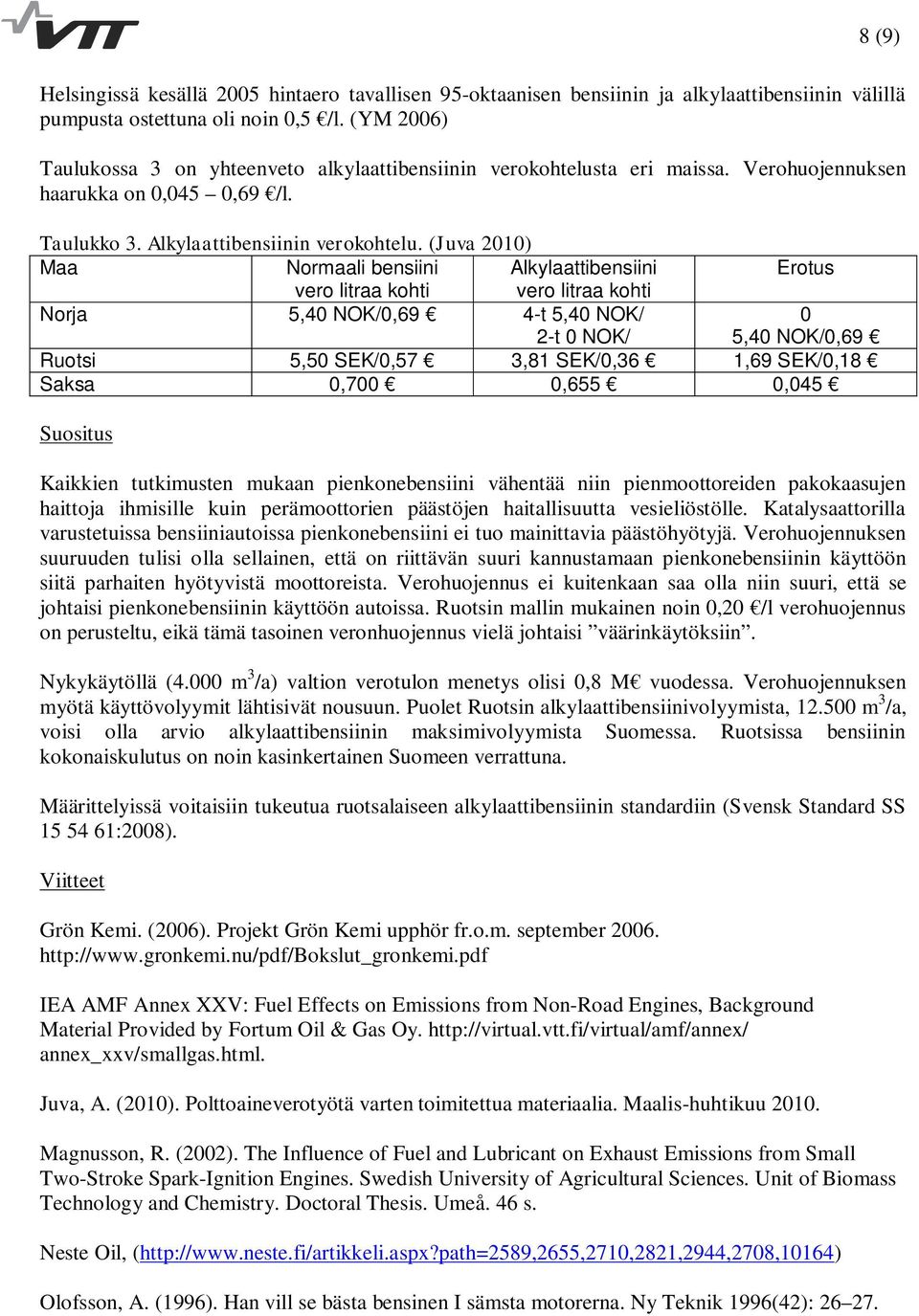 (Juva 2010) Maa Normaali bensiini Alkylaattibensiini Erotus vero litraa kohti vero litraa kohti Norja 5,40 NOK/0,69 4-t 5,40 NOK/ 2-t 0 NOK/ 0 5,40 NOK/0,69 Ruotsi 5,50 SEK/0,57 3,81 SEK/0,36 1,69