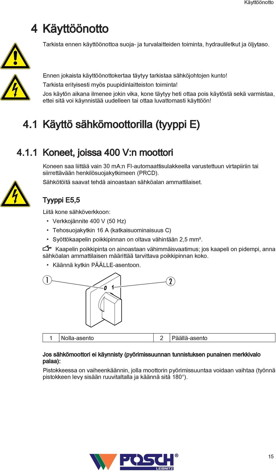 Jos käytön aikana ilmenee jokin vika, kone täytyy heti ottaa pois käytöstä sekä varmistaa, ettei sitä voi käynnistää uudelleen tai ottaa luvattomasti käyttöön! 4.