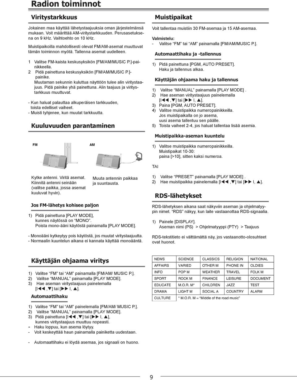2 Pidä painettuna keskusyksikön [FM/AM/MUSIC P.]- painike. Muutaman sekunnin kuluttua näyttöön tulee alin viritystaajuus. Pidä painike yhä painettuna. Alin taajuus ja viritystarkkuus muuttuvat.