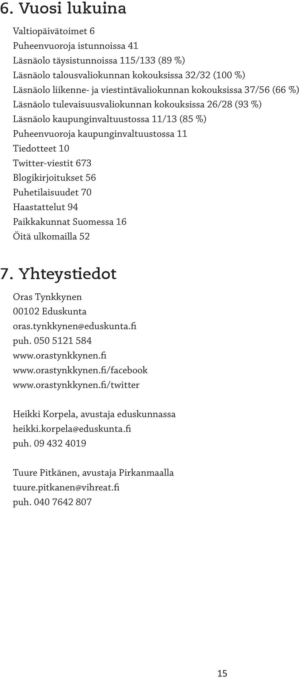 Twitter-viestit 673 Blogikirjoitukset 56 Puhetilaisuudet 70 Haastattelut 94 Paikkakunnat Suomessa 16 Öitä ulkomailla 52 7. Yhteystiedot Oras Tynkkynen 00102 Eduskunta oras.tynkkynen@eduskunta.fi puh.