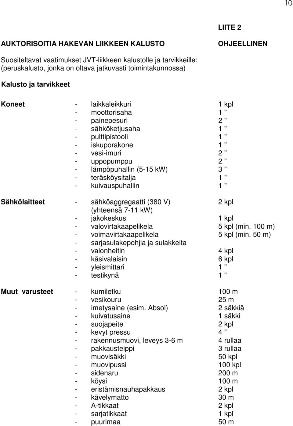 3 " - teräsköysitalja 1 " - kuivauspuhallin 1 " Sähkölaitteet - sähköaggregaatti (380 V) 2 kpl (yhteensä 7-11 kw) - jakokeskus 1 kpl - valovirtakaapelikela 5 kpl (min.
