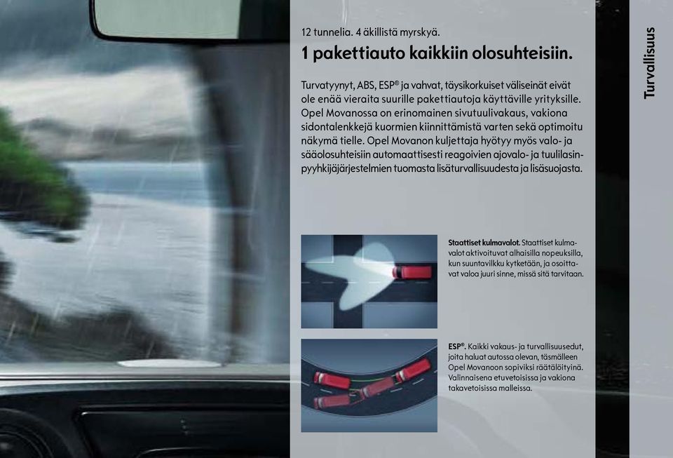 Opel Movanossa on erinomainen sivutuulivakaus, vakiona sidontalenkkejä kuormien kiinnittämistä varten sekä optimoitu näkymä tielle.