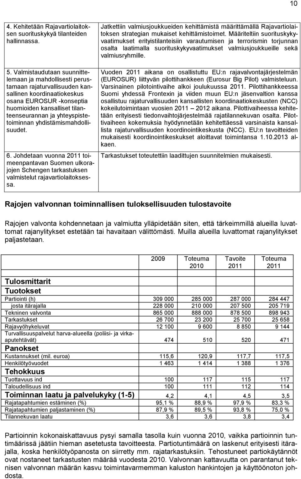 yhteyspistetoiminnan yhdistämismahdollisuudet. 6. Johdetaan vuonna 2011 toimeenpantavan Suomen ulkorajojen Schengen tarkastuksen valmistelut rajavartiolaitoksessa.