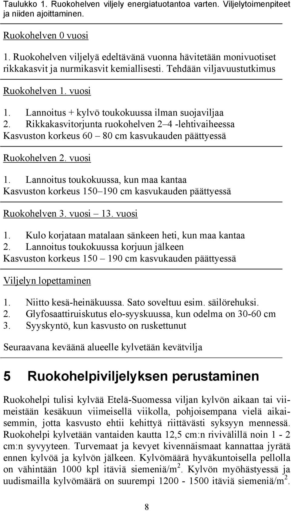 Lannoitus + kylvö toukokuussa ilman suojaviljaa 2. Rikkakasvitorjunta ruokohelven 2 4 -lehtivaiheessa Kasvuston korkeus 60 80 cm kasvukauden päättyessä Ruokohelven 2. vuosi 1.