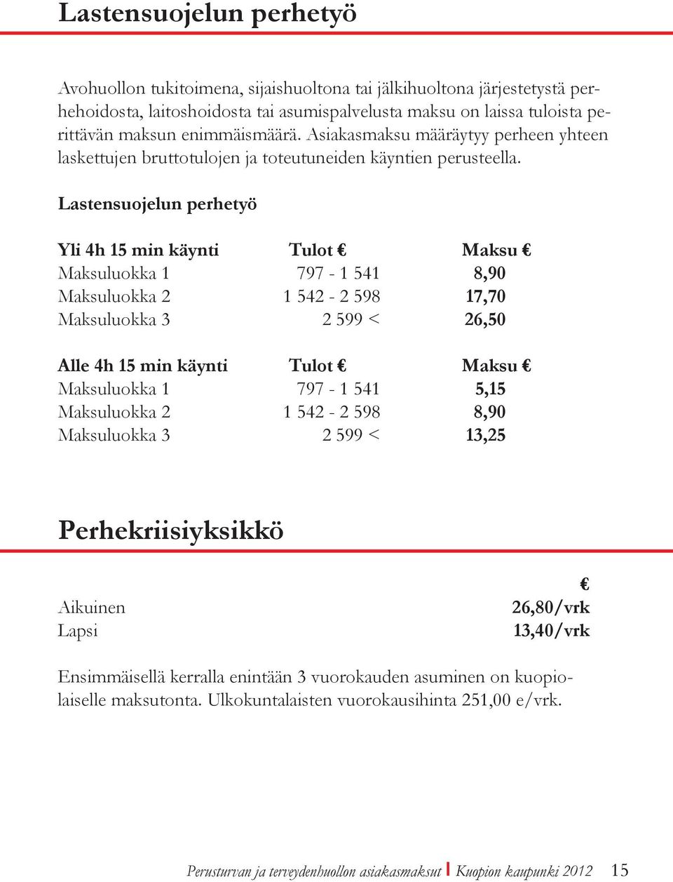 Lastensuojelun perhetyö Yli 4h 15 min käynti Tulot Maksu Maksuluokka 1 797-1 541 8,90 Maksuluokka 2 1 542-2 598 17,70 Maksuluokka 3 2 599 < 26,50 Alle 4h 15 min käynti Tulot Maksu Maksuluokka 1 797-1