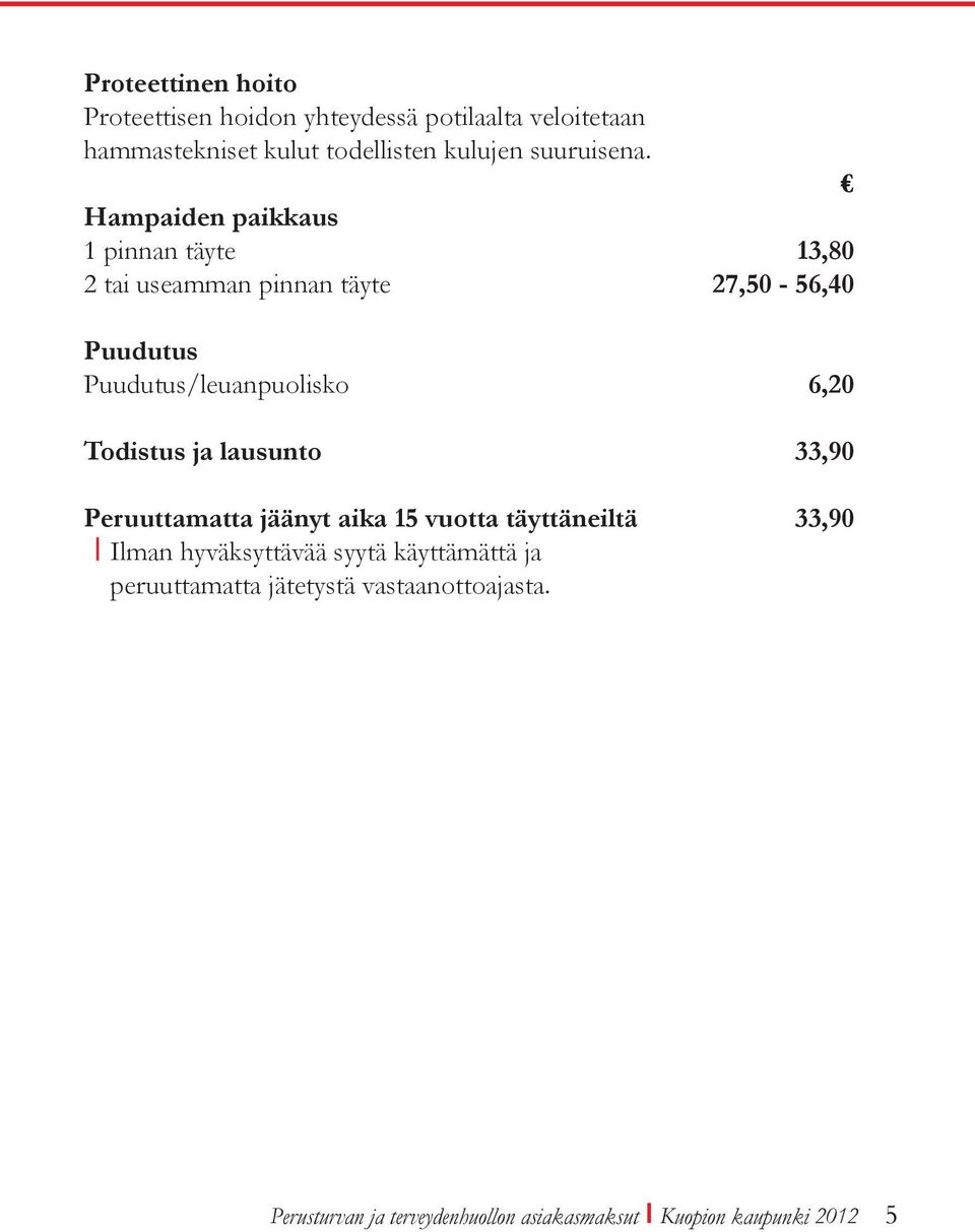 Hampaiden paikkaus 1 pinnan täyte 13,80 2 tai useamman pinnan täyte 27,50-56,40 Puudutus Puudutus/leuanpuolisko 6,20