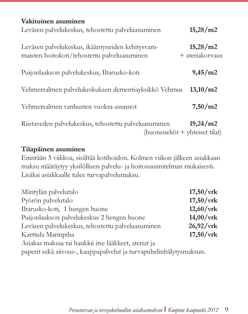 tehostettu palveluasuminen 19,24/m2 (huoneneliöt + yhteiset tilat) Tilapäinen asuminen Enintään 3 viikkoa, sisältää kotihoidon.