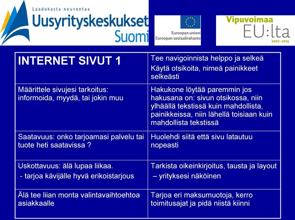 - tarjoa kävijälle hyvä erikoistarjous Älä tee liian monta valintavaihtoehtoa asiakkaalle Tee navigoinnista helppo ja selkeä Käytä otsikoita, nimeä painikkeet selkeästi