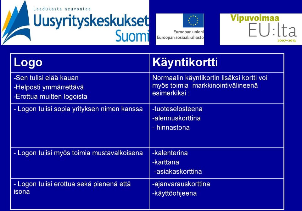kortti voi myös toimia markkinointivälineenä esimerkiksi : - Logon tulisi myös toimia mustavalkoisena