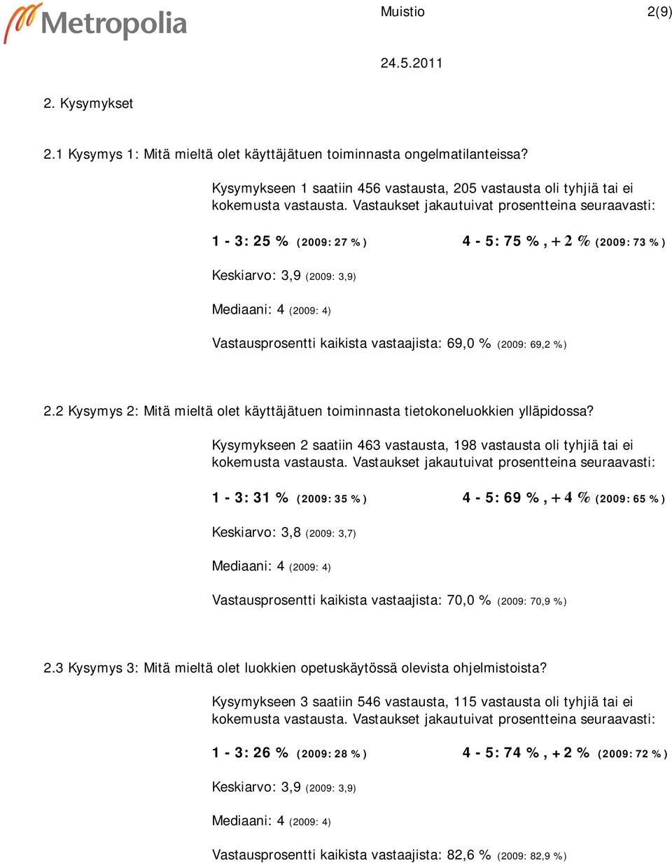 (2009: 69,2 %) 2.2 Kysymys 2: Mitä mieltä olet käyttäjätuen toiminnasta tietokoneluokkien ylläpidossa?