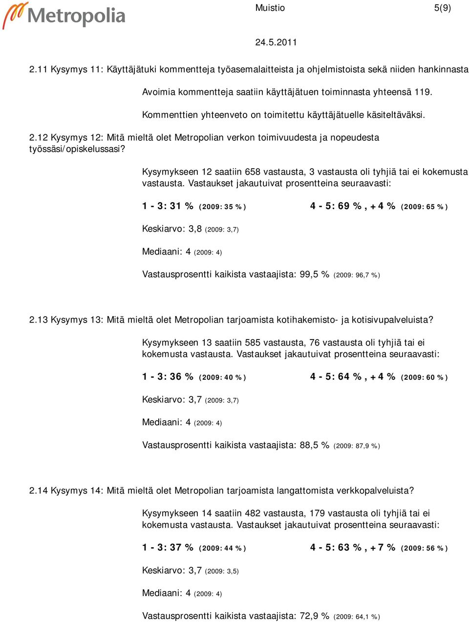 Kysymykseen 12 saatiin 658 vastausta, 3 vastausta oli tyhjiä tai ei kokemusta 1-3: 31 % (2009: 35 %) 4-5: 69 %, +4 % (2009: 65 %) Vastausprosentti kaikista vastaajista: 99,5 % (2009: 96,7 %) 2.