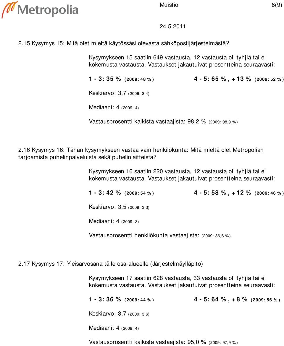 (2009: 98,9 %) 2.16 Kysymys 16: Tähän kysymykseen vastaa vain henkilökunta: Mitä mieltä olet Metropolian tarjoamista puhelinpalveluista sekä puhelinlaitteista?