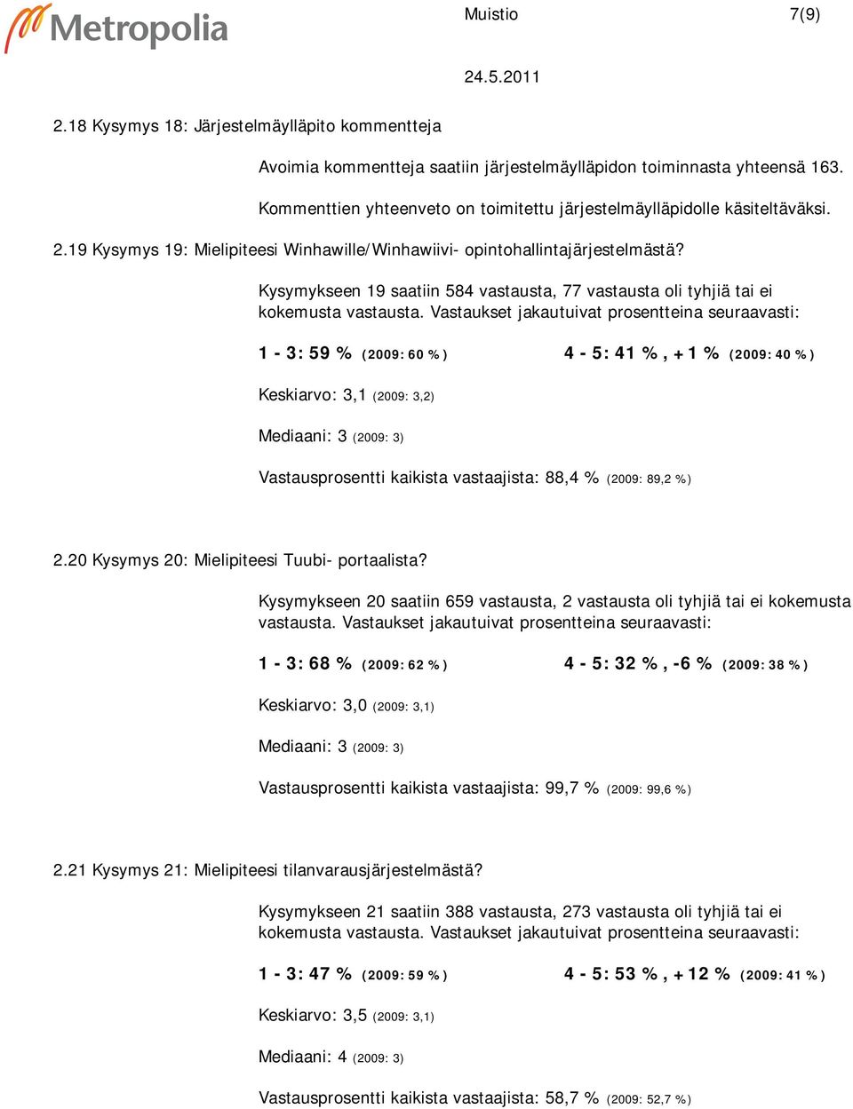 Kysymykseen 19 saatiin 584 vastausta, 77 vastausta oli tyhjiä tai ei 1-3: 59 % (2009: 60 %) 4-5: 41 %, +1 % (2009: 40 %) Keskiarvo: 3,1 (2009: 3,2) Vastausprosentti kaikista vastaajista: 88,4 %