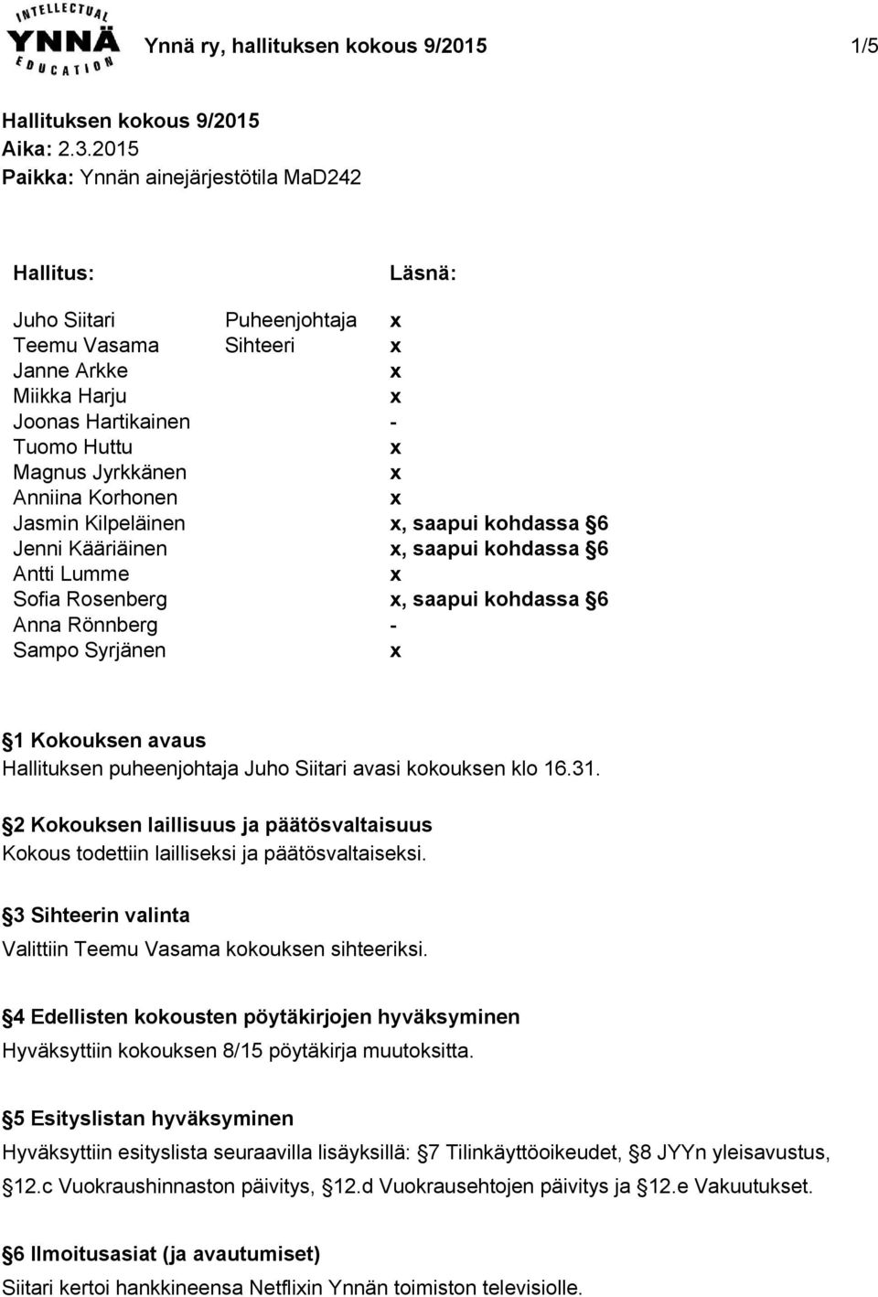 Kääriäinen Antti Lumme Sofia Rosenberg Anna Rönnberg Sampo Syrjänen Puheenjohtaja Sihteeri Läsnä:, saapui kohdassa 6, saapui kohdassa 6, saapui kohdassa 6 1 Kokouksen avaus Hallituksen puheenjohtaja