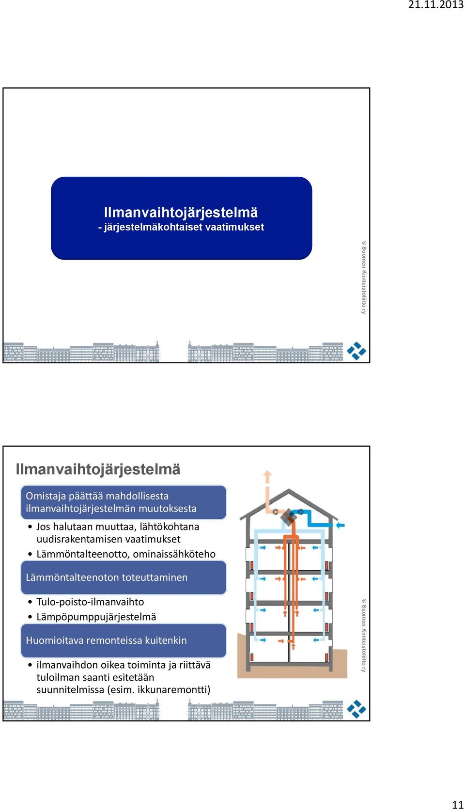 Lämmöntalteenotto, ominaissähköteho Lämmöntalteenoton toteuttaminen Tulo poisto ilmanvaihto Lämpöpumppujärjestelmä