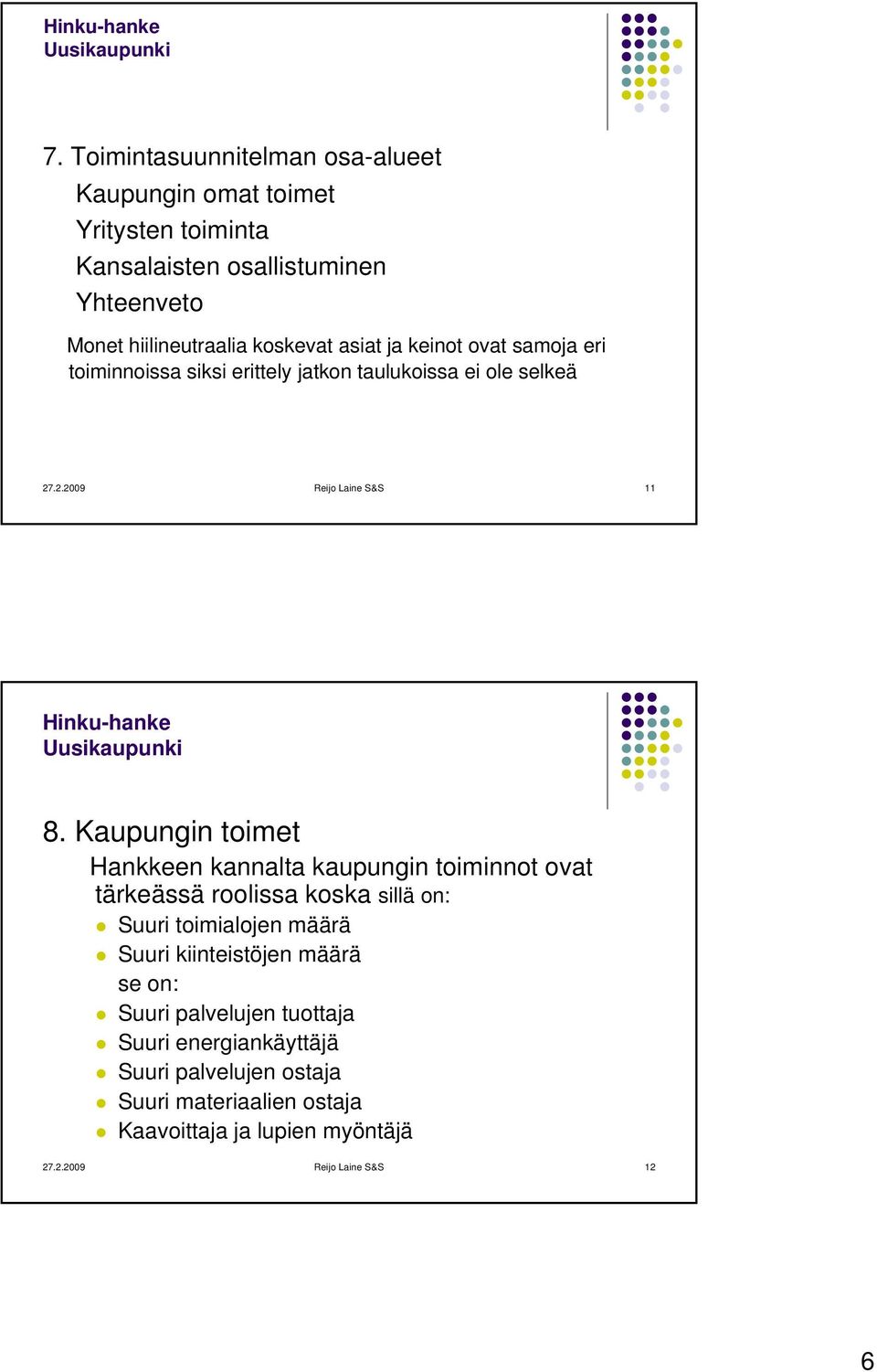 ja keinot ovat samoja eri toiminnoissa siksi erittely jatkon taulukoissa ei ole selkeä 27.2. Reijo Laine S&S 11 Hinku-hanke 8.