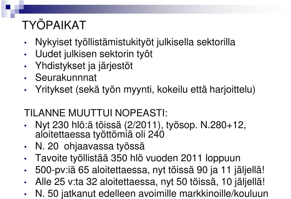 20 ohjaavassa työssä Tavoite työllistää 350 hlö vuoden 2011 loppuun 500-pv:iä 65 aloitettaessa, nyt töissä 90 ja 11 jäljellä!