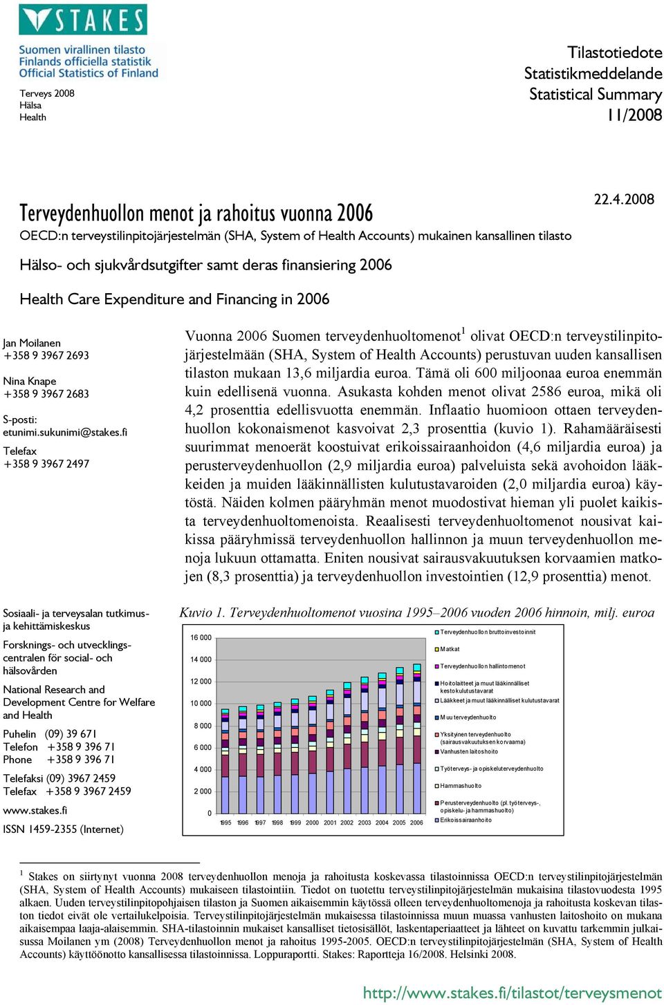 2008 Hälso- och sjukvårdsutgifter samt deras finansiering 2006 Health Care Expenditure and Financing in 2006 Jan Moilanen +358 9 3967 2693 Nina Knape +358 9 3967 2683 S-posti: etunimi.sukunimi@stakes.