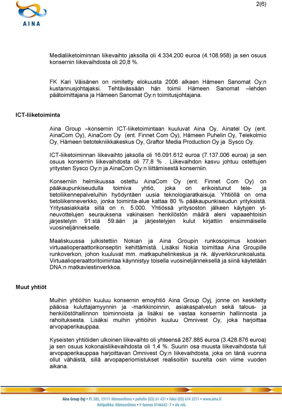 ICT-liiketoiminta Aina Group konsernin ICT-liiketoimintaan kuuluvat Aina Oy, Ainatel Oy (ent. AinaCom Oy), AinaCom Oy (ent.